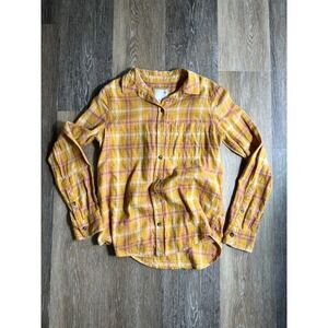 SO Cozy Flannel Shirt Womens XS Yellow Pink Plaid Button Down Long Sleeve